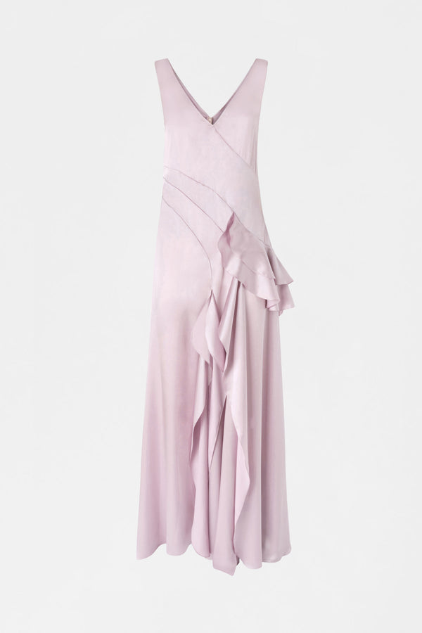 Long Silk Satin Ruffled Dress