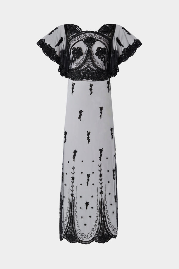Black Embroidered Tulle Dress