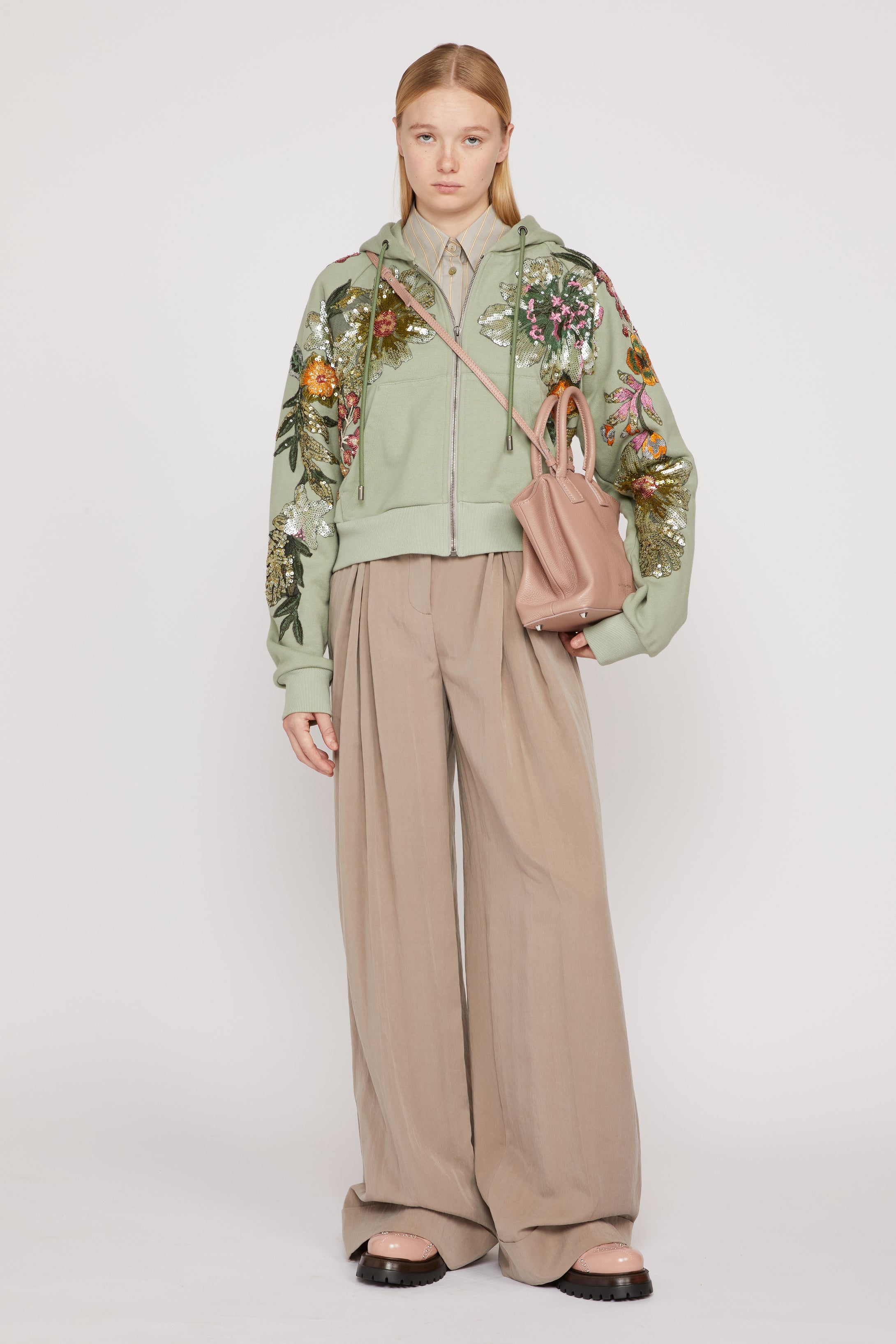 Sage Green Hoodie with Sequinned Embroidery