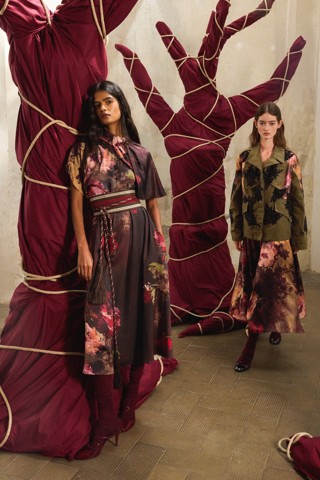 Painterly Rose Silk Midi Dress