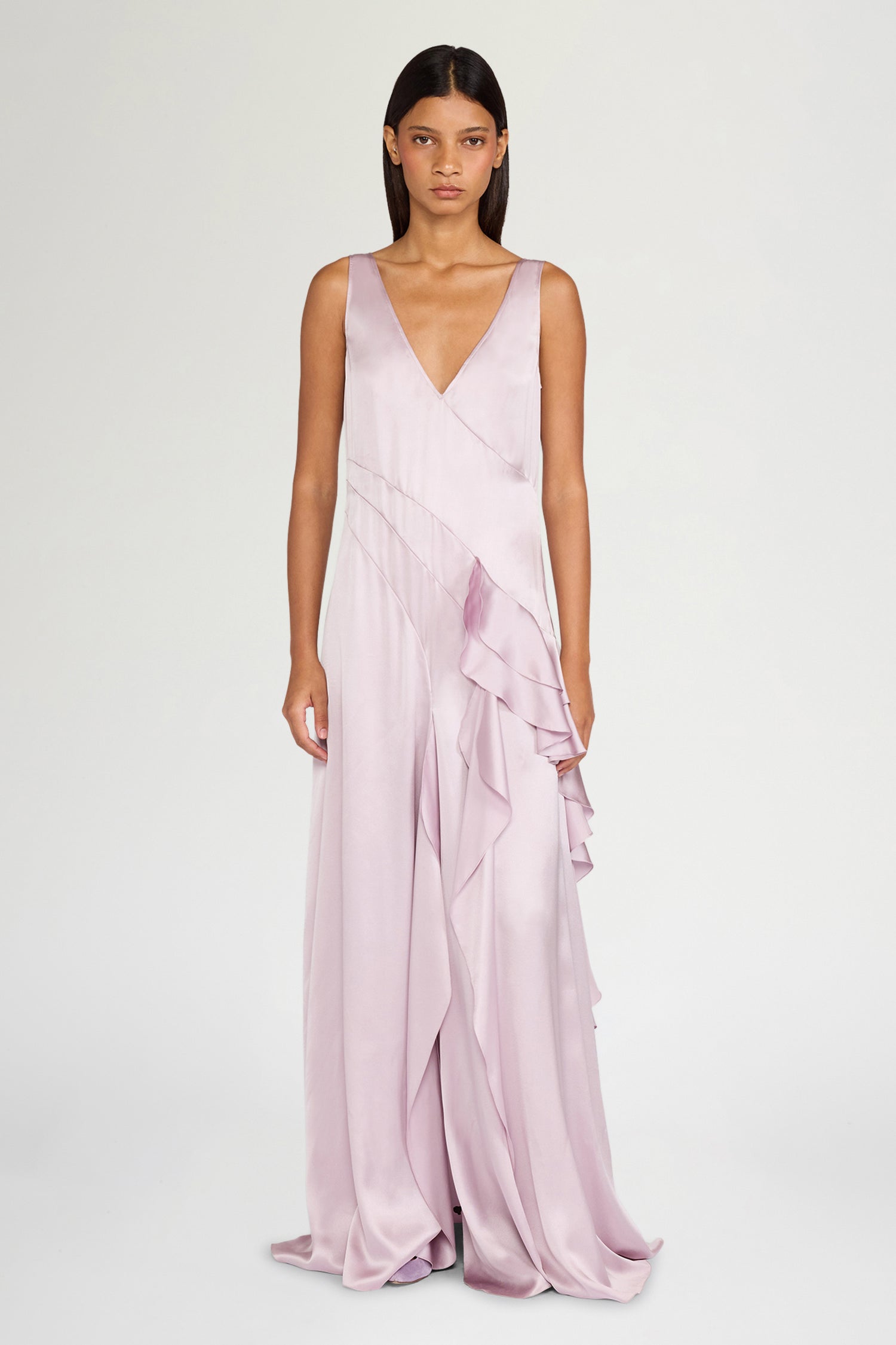 Long Silk  Satin Ruffled Dress