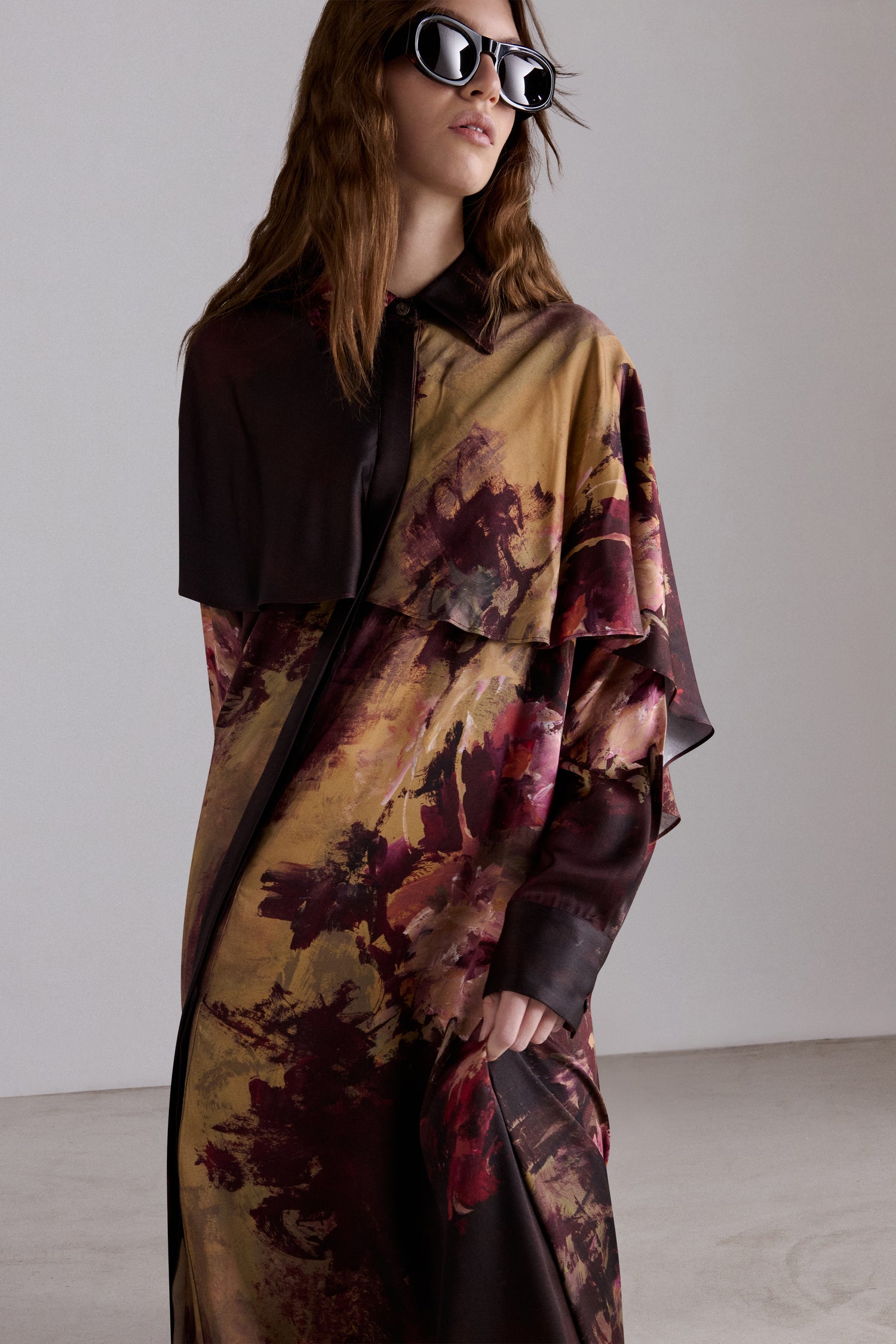 Painterly Rose Silk Chemisier Dress
