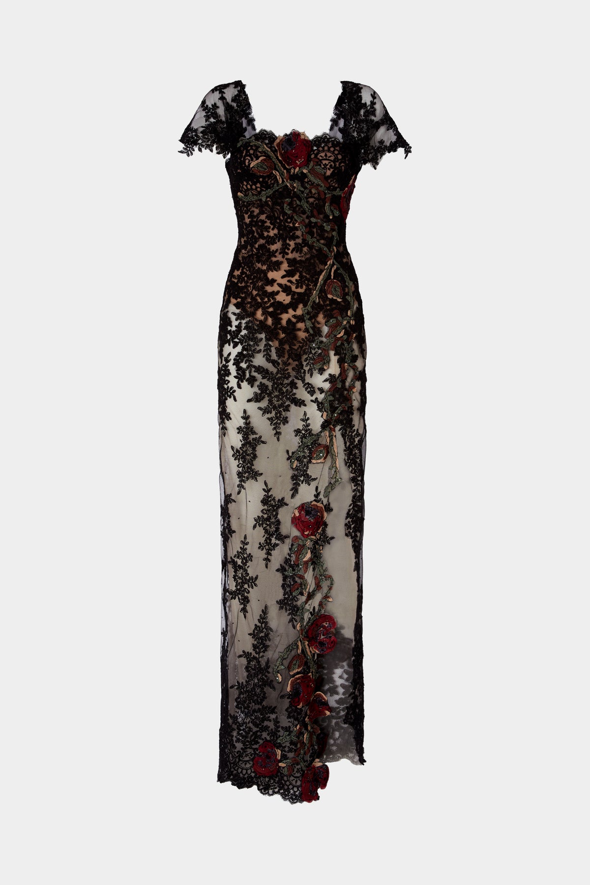 Lace Column Dress with Floral Embroidery