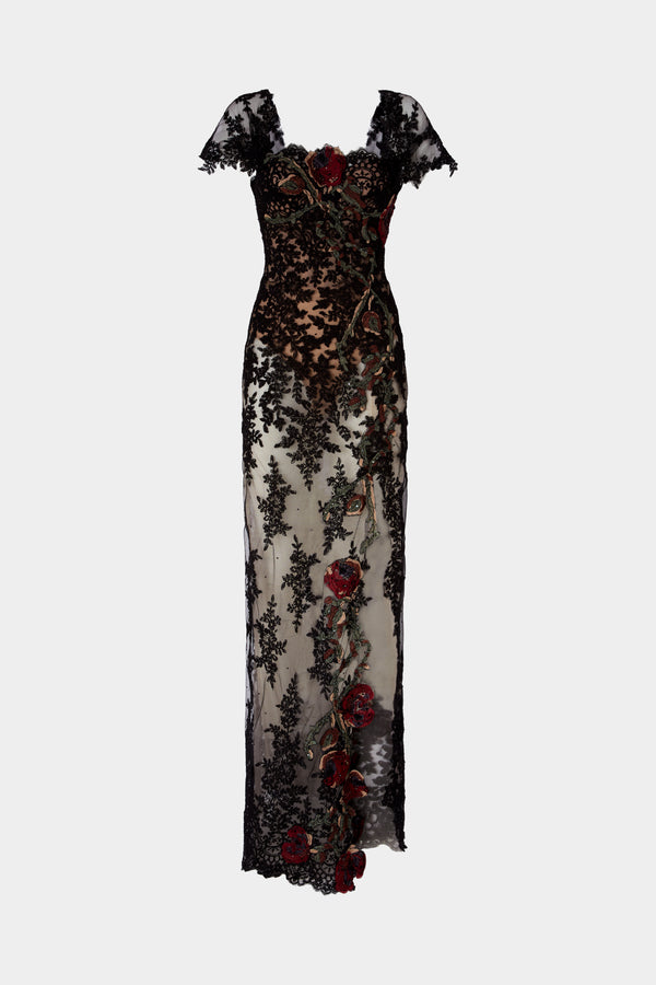 Abito Couture in Pizzo con Rose Ricamate