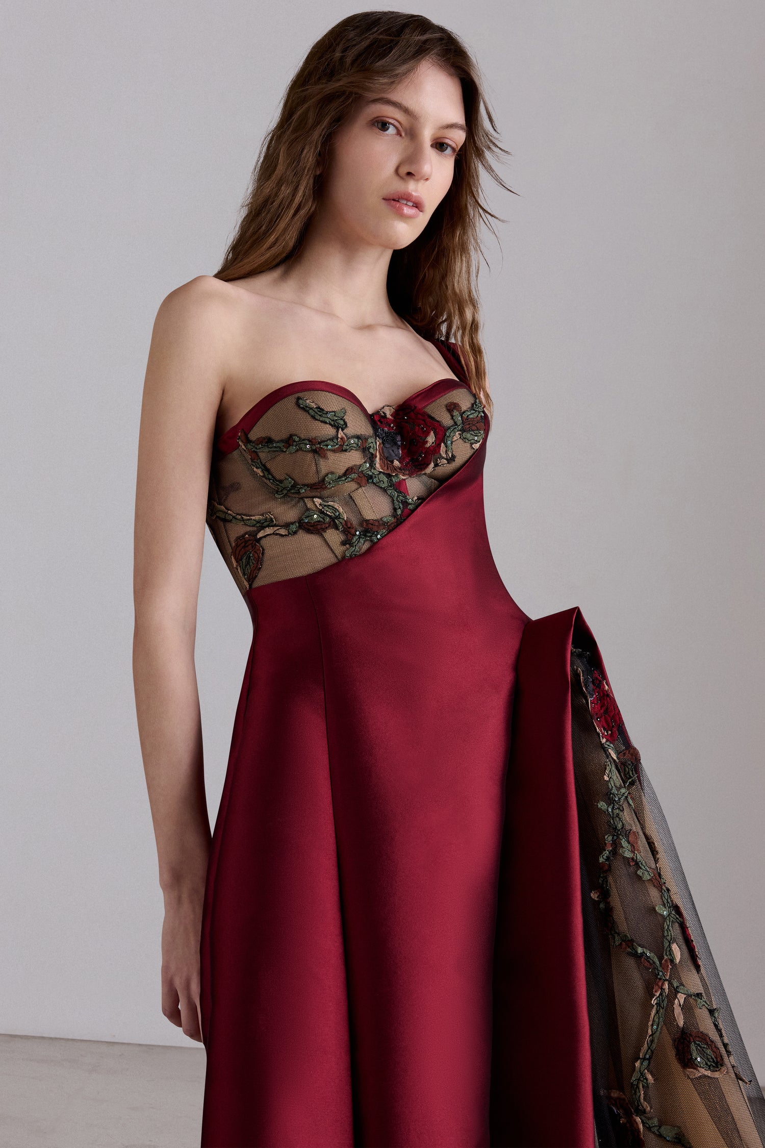 Abito Couture Floreale Bordeaux