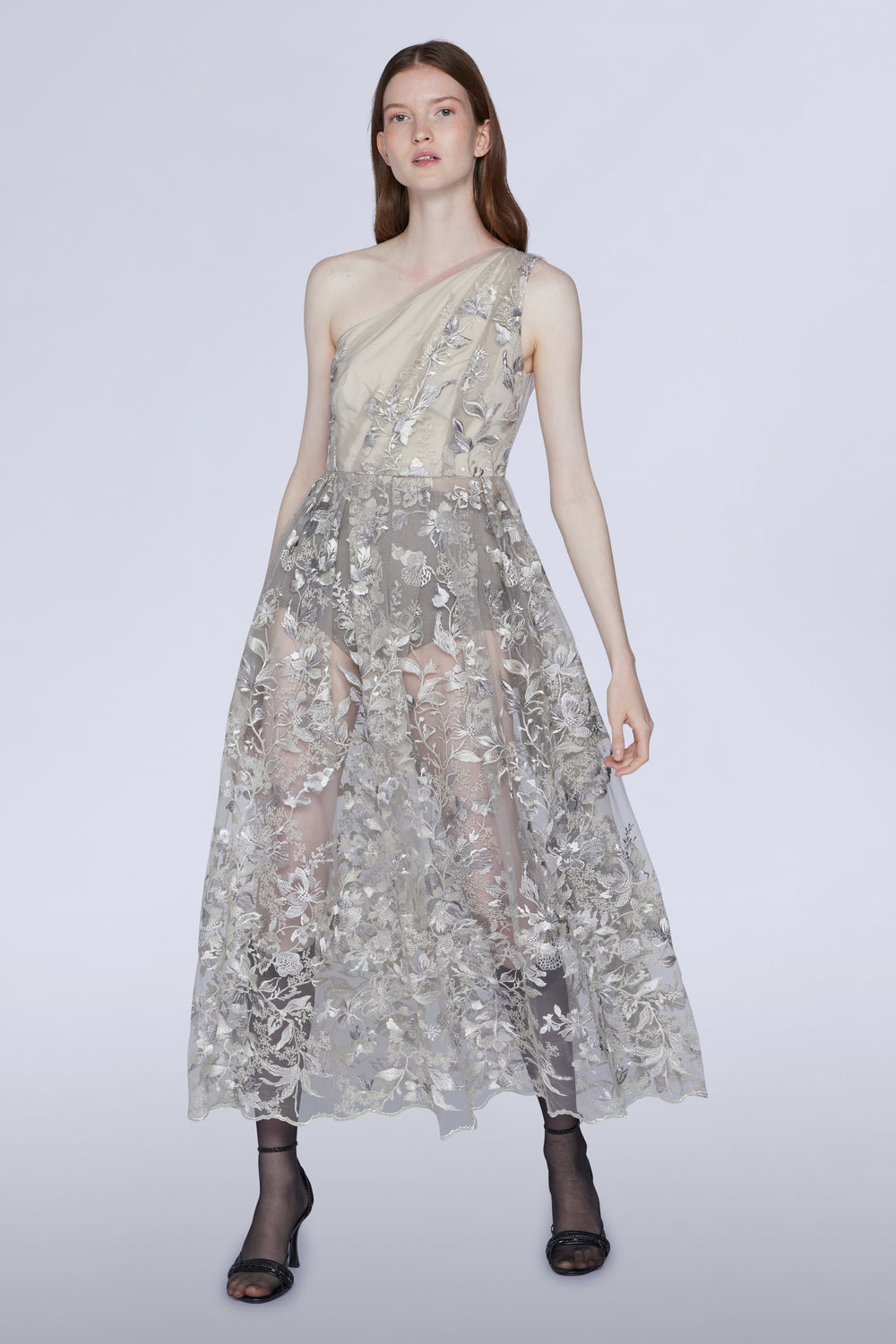 One-shoulder Lace Midi Dress