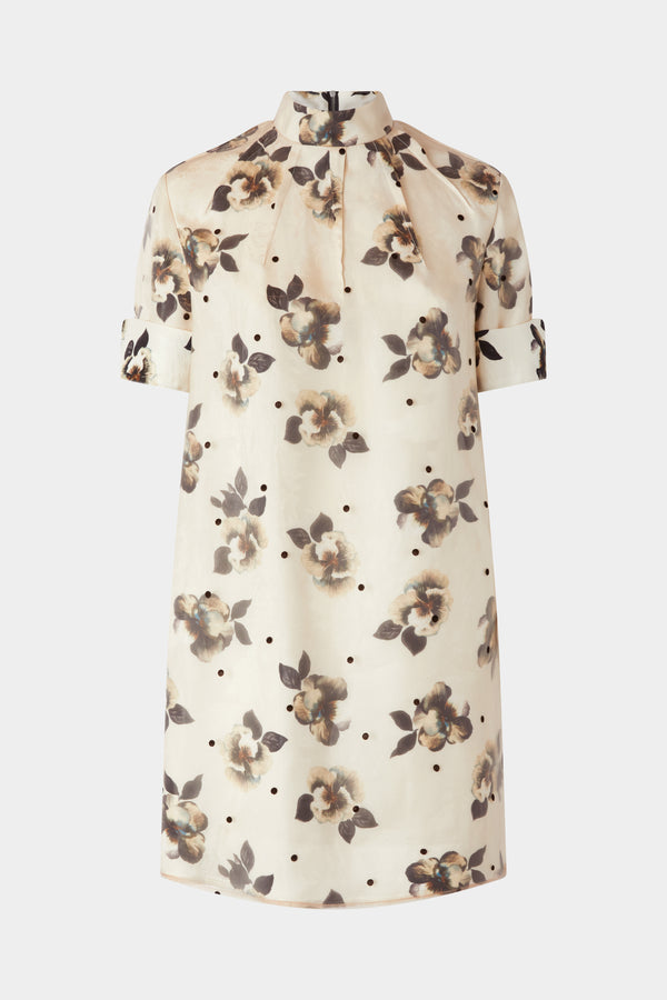 Short-Sleeve Dress in Moiré Damask and Polka Dot Organza