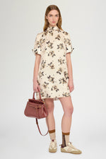 Short-Sleeve Dress in Moiré Damask and Polka Dot Organza