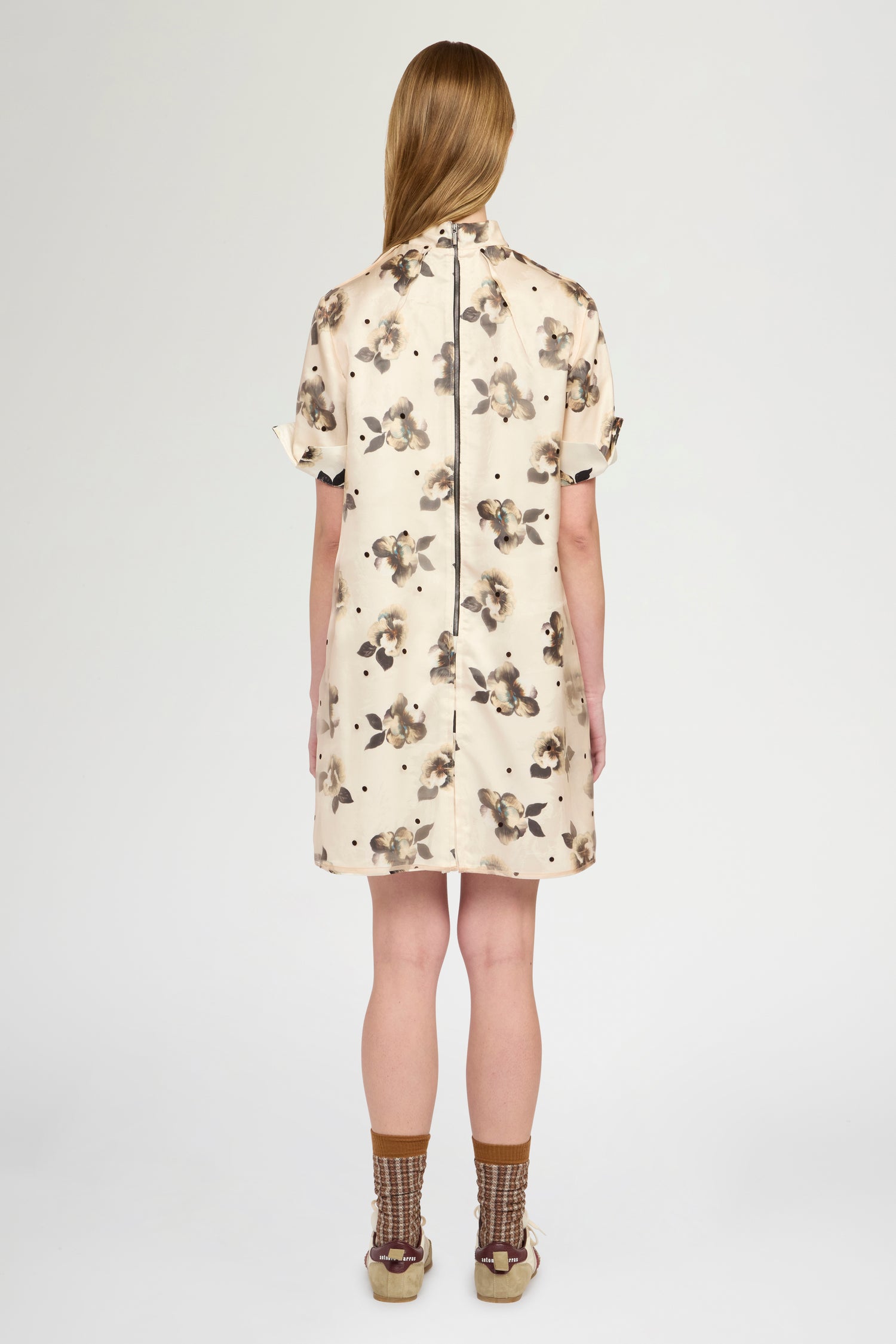 Short-Sleeve Dress in Moiré Damask and Polka Dot Organza