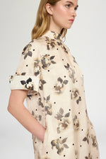 Short-Sleeve Dress in Moiré Damask and Polka Dot Organza