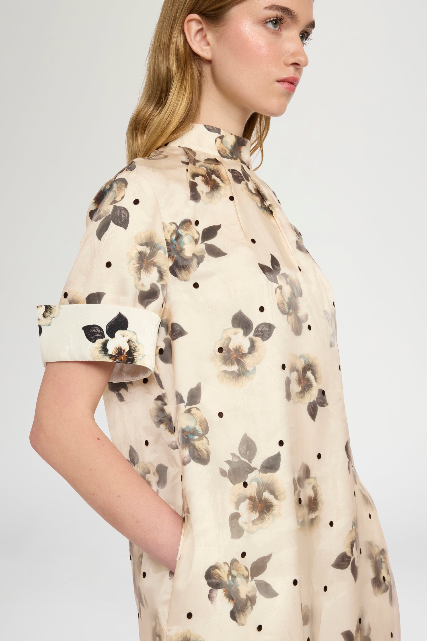 Short-Sleeve Dress in Moiré Damask and Polka Dot Organza