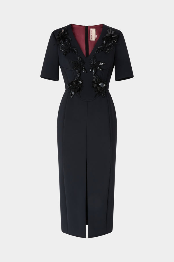 Midi Sheath Dress With Floral Embroidery