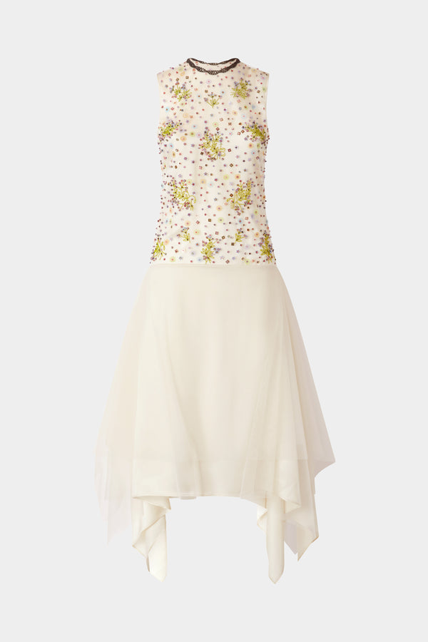 Ivory Embroidered Tulle Midi Dress
