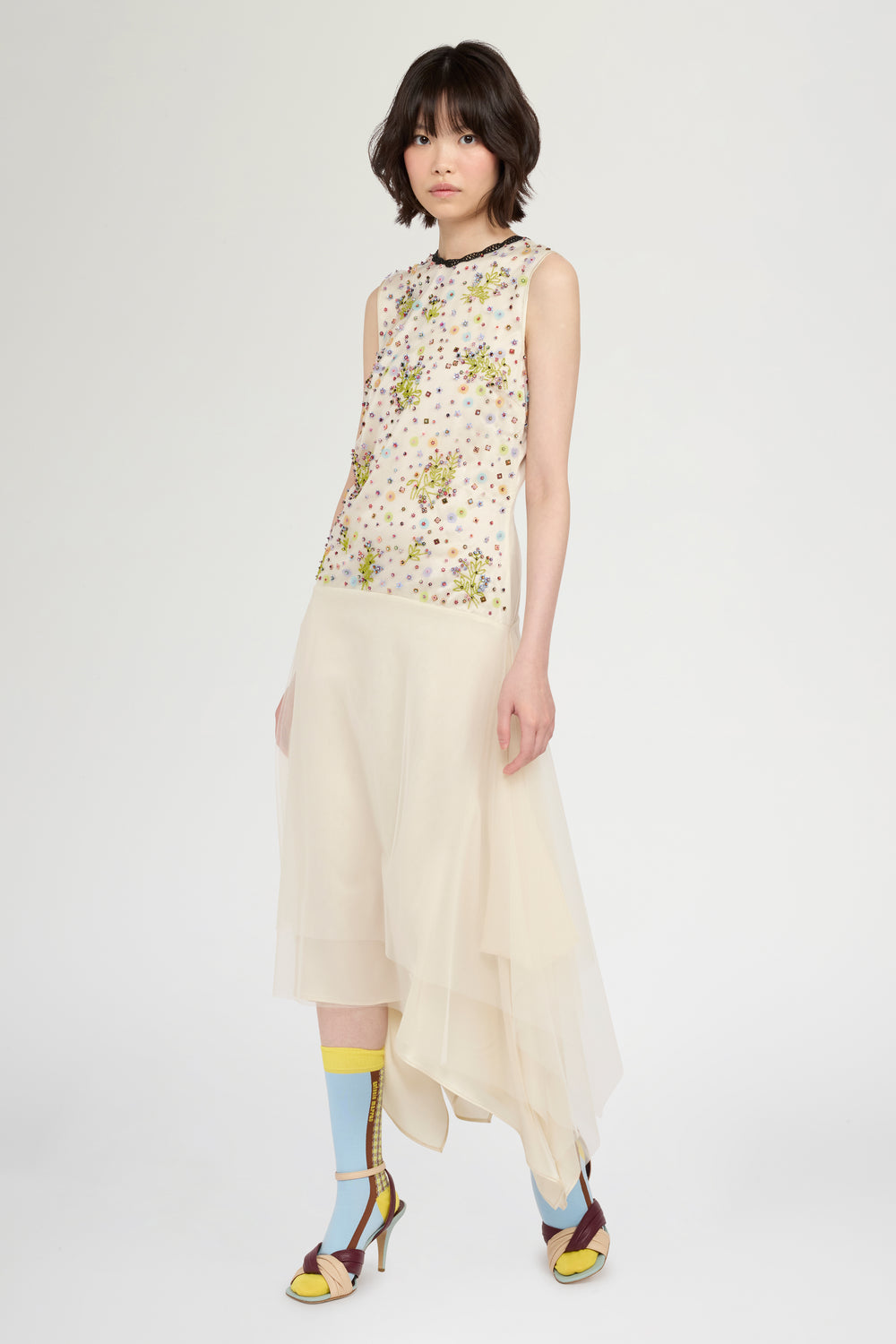 Ivory Embroidered Tulle Midi Dress