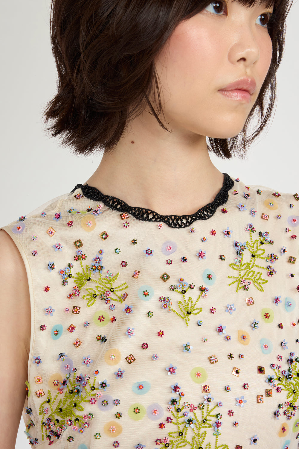 Ivory Embroidered Tulle Midi Dress
