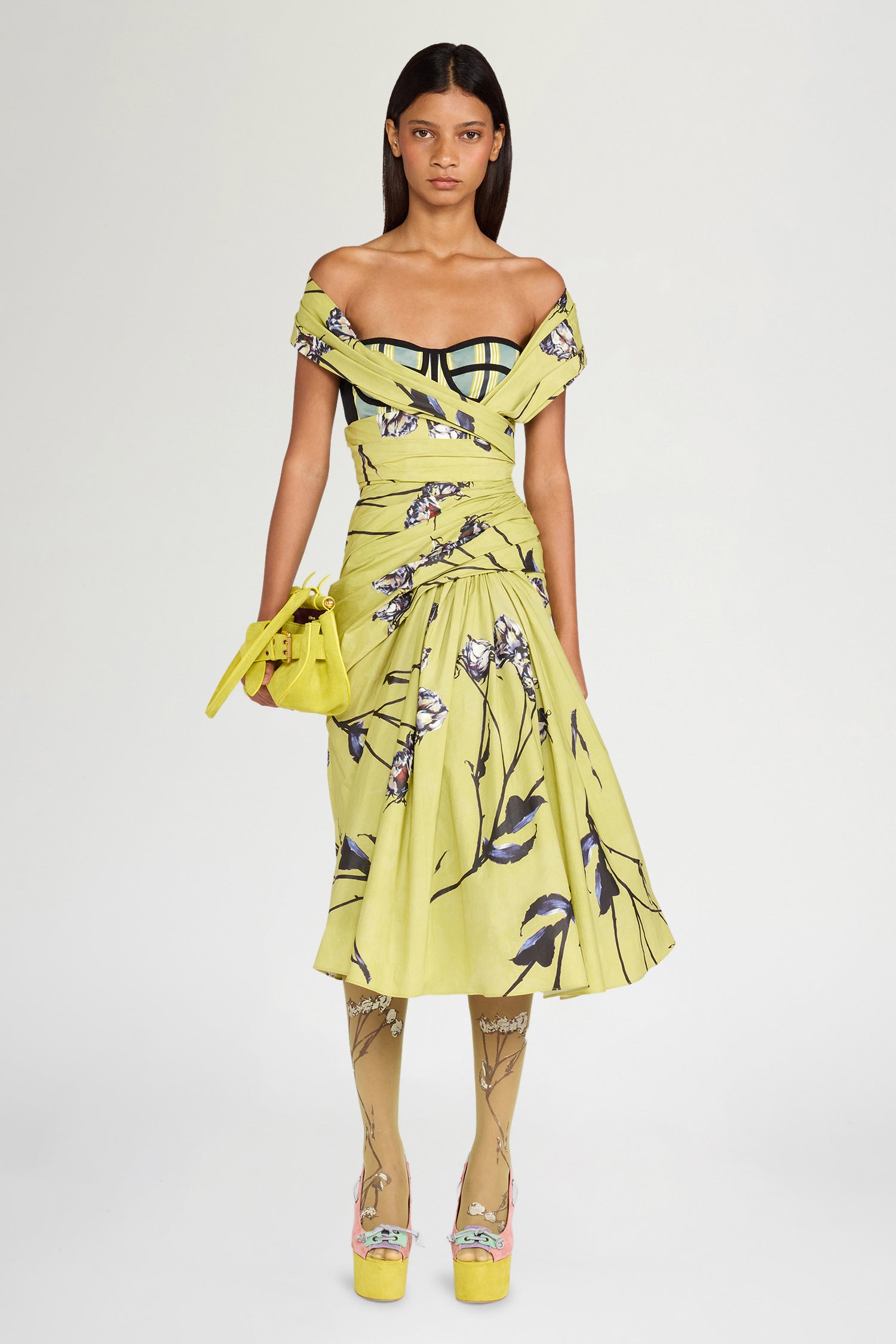Lime Floral Bustier Midi Dress