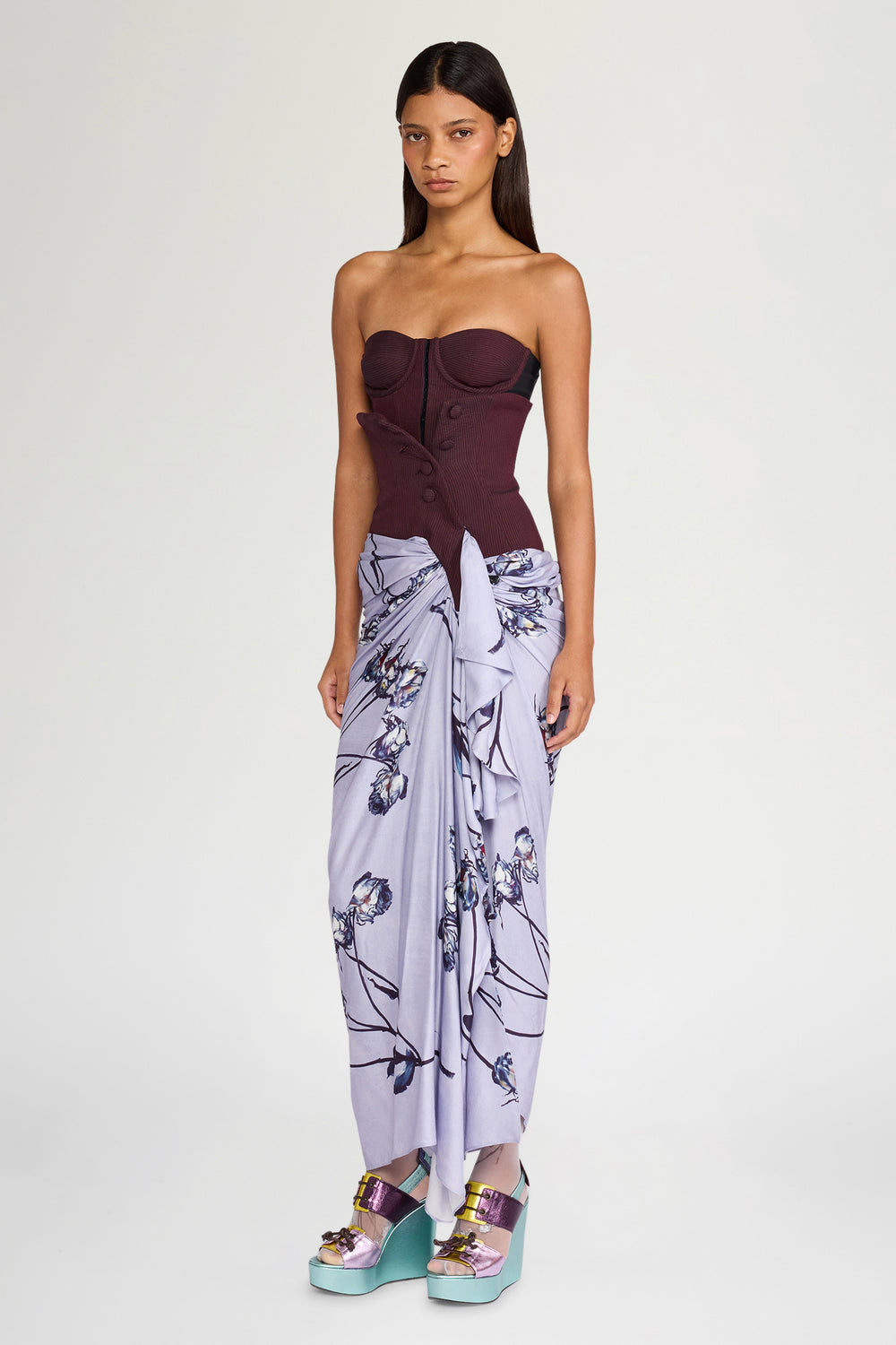Lilac Rose Print Bustier Dress