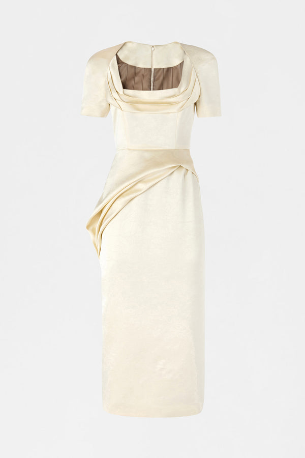 Ivory Satin Draped Midi Dress