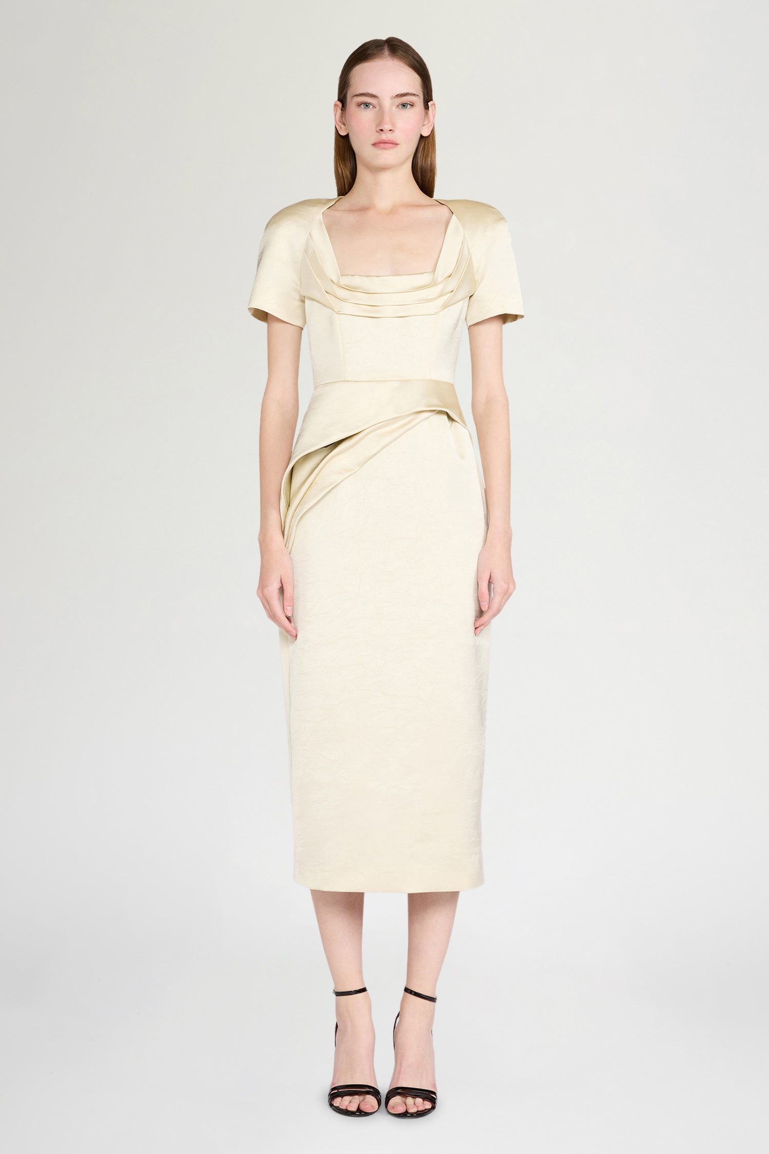 Ivory Satin Draped Midi Dress