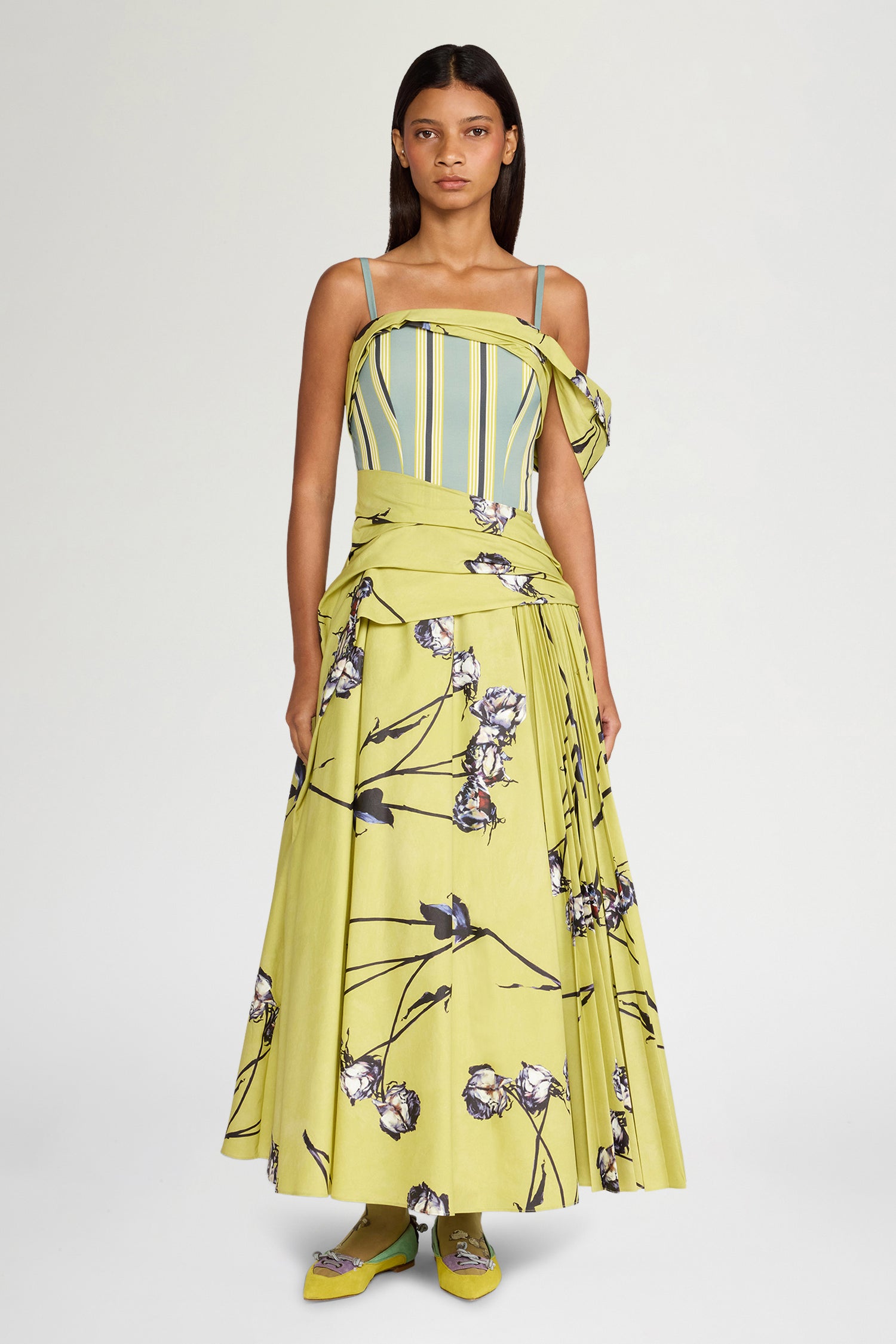 Lime Floral Draped Bustier Dress