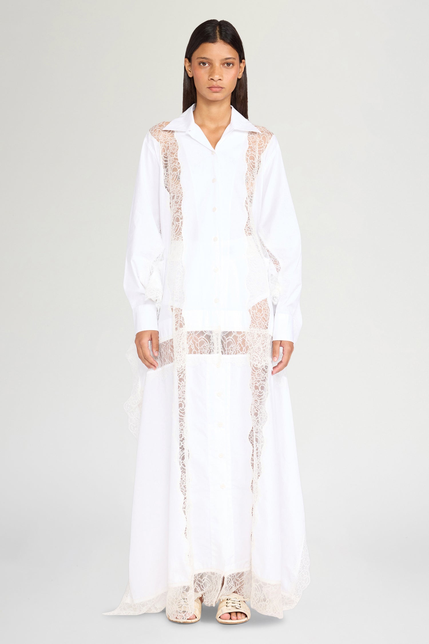 White Chemisier Dress with Lace Panel