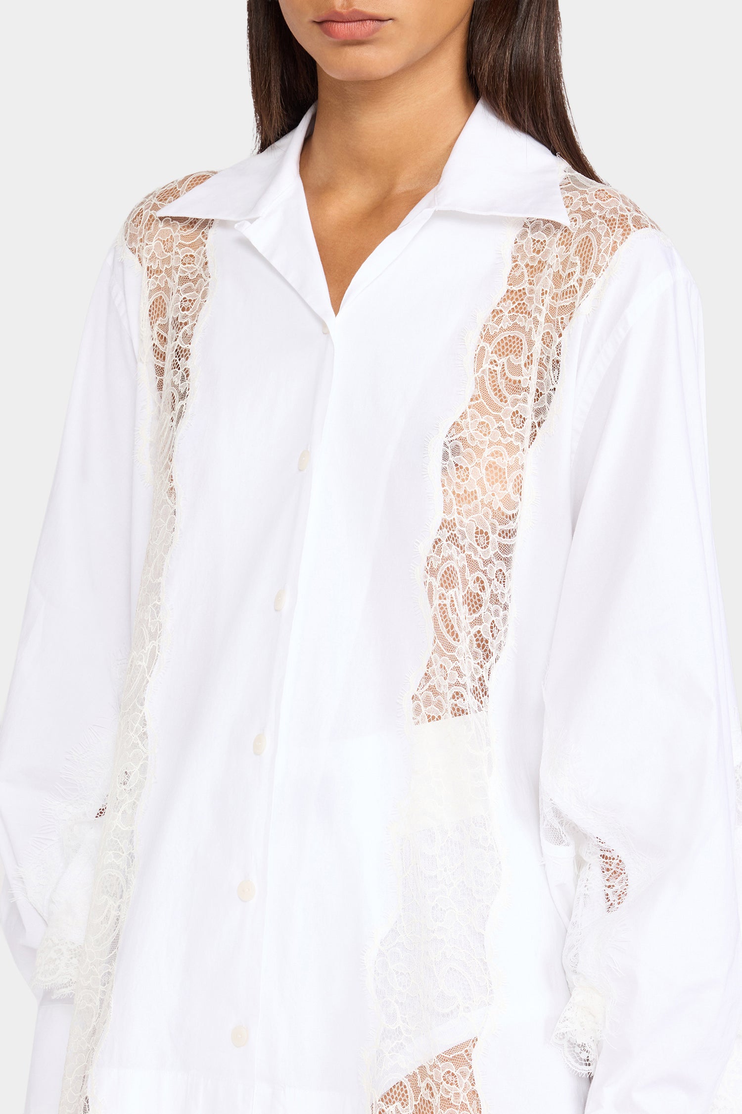 White Chemisier Dress with Lace Panel