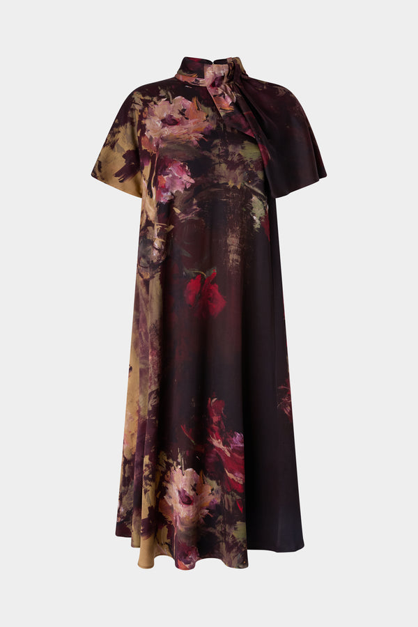 Abito Midi in Seta con Stampa Rose Pittoriche