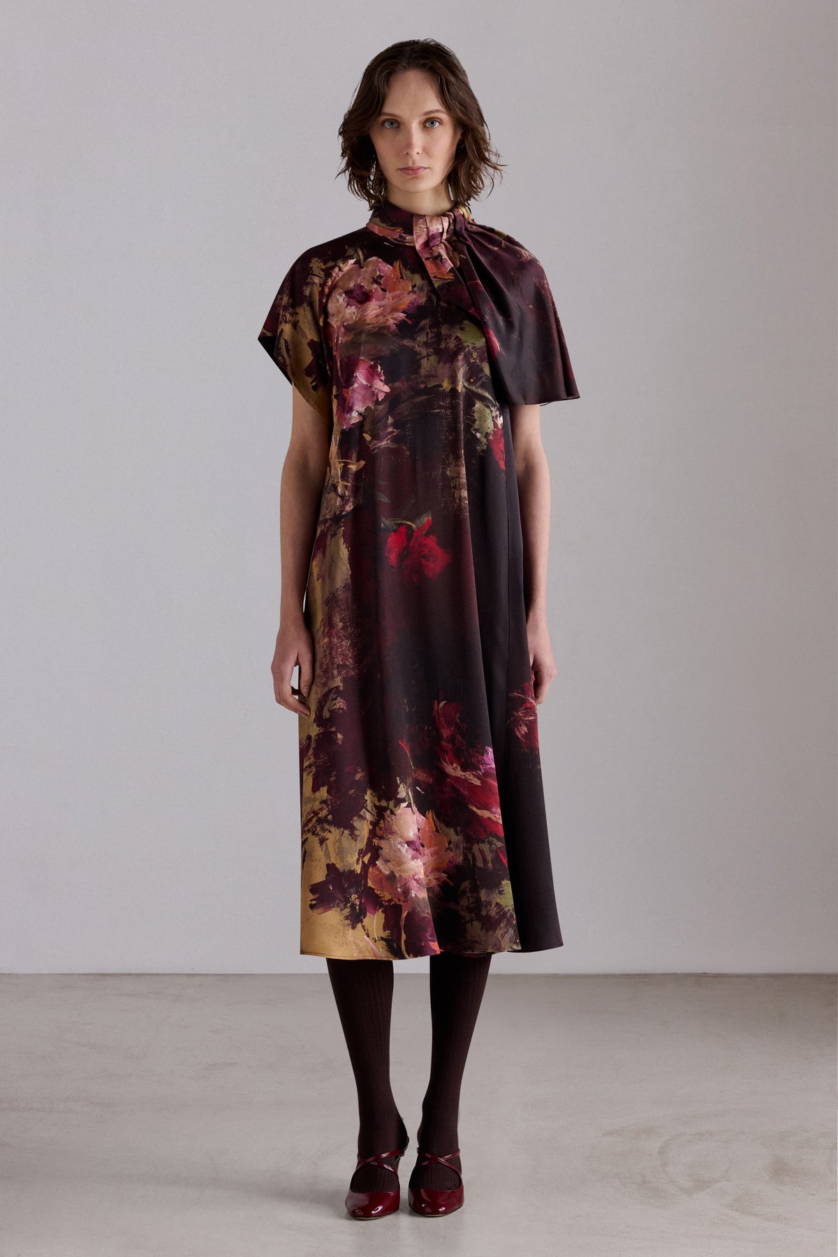 Abito Midi in Seta con Stampa Rose Pittoriche