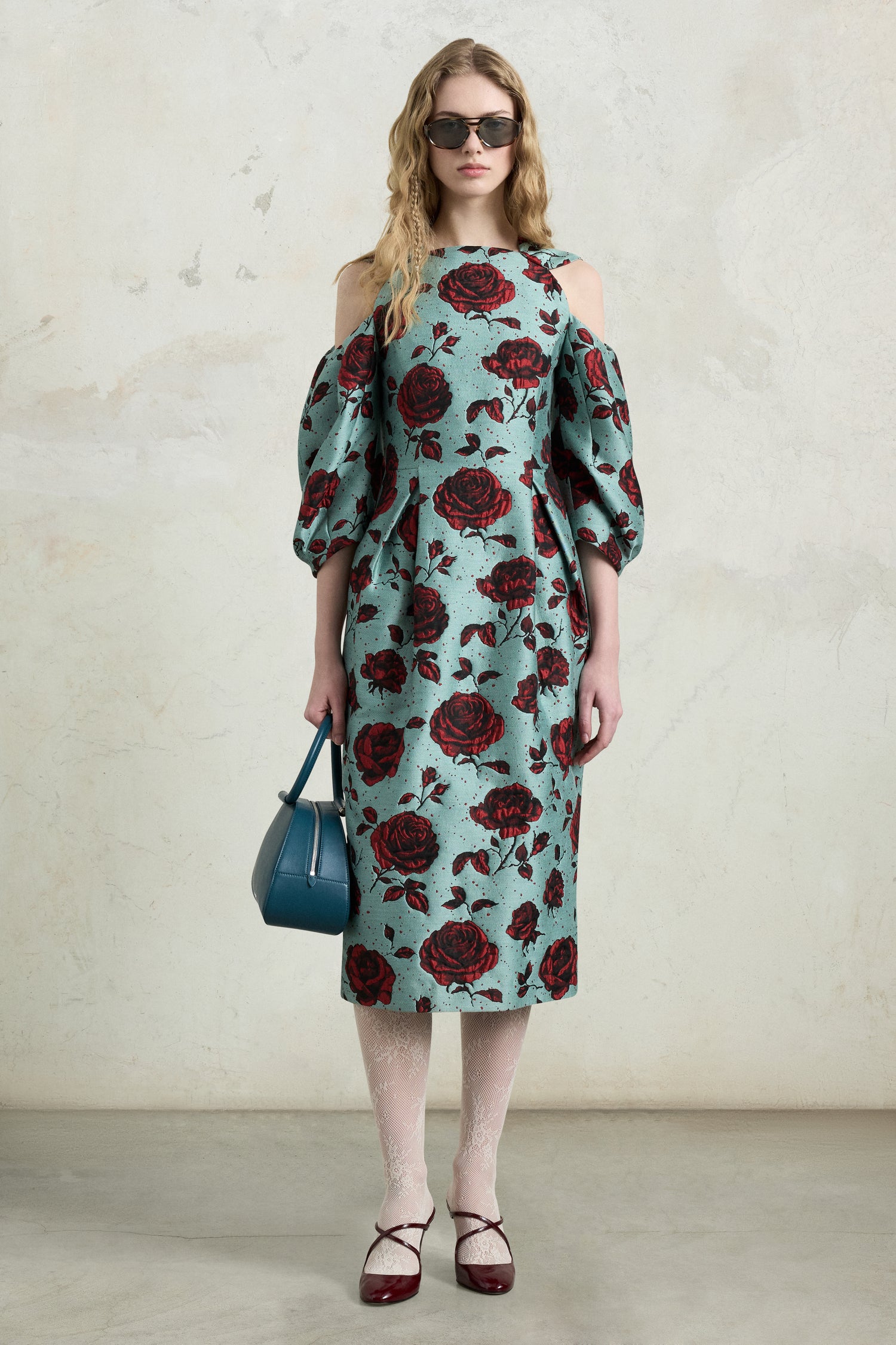 Abito midi jacquard rosa goffrato