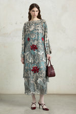 Abito a tunica midi con stampa foulard ricamata