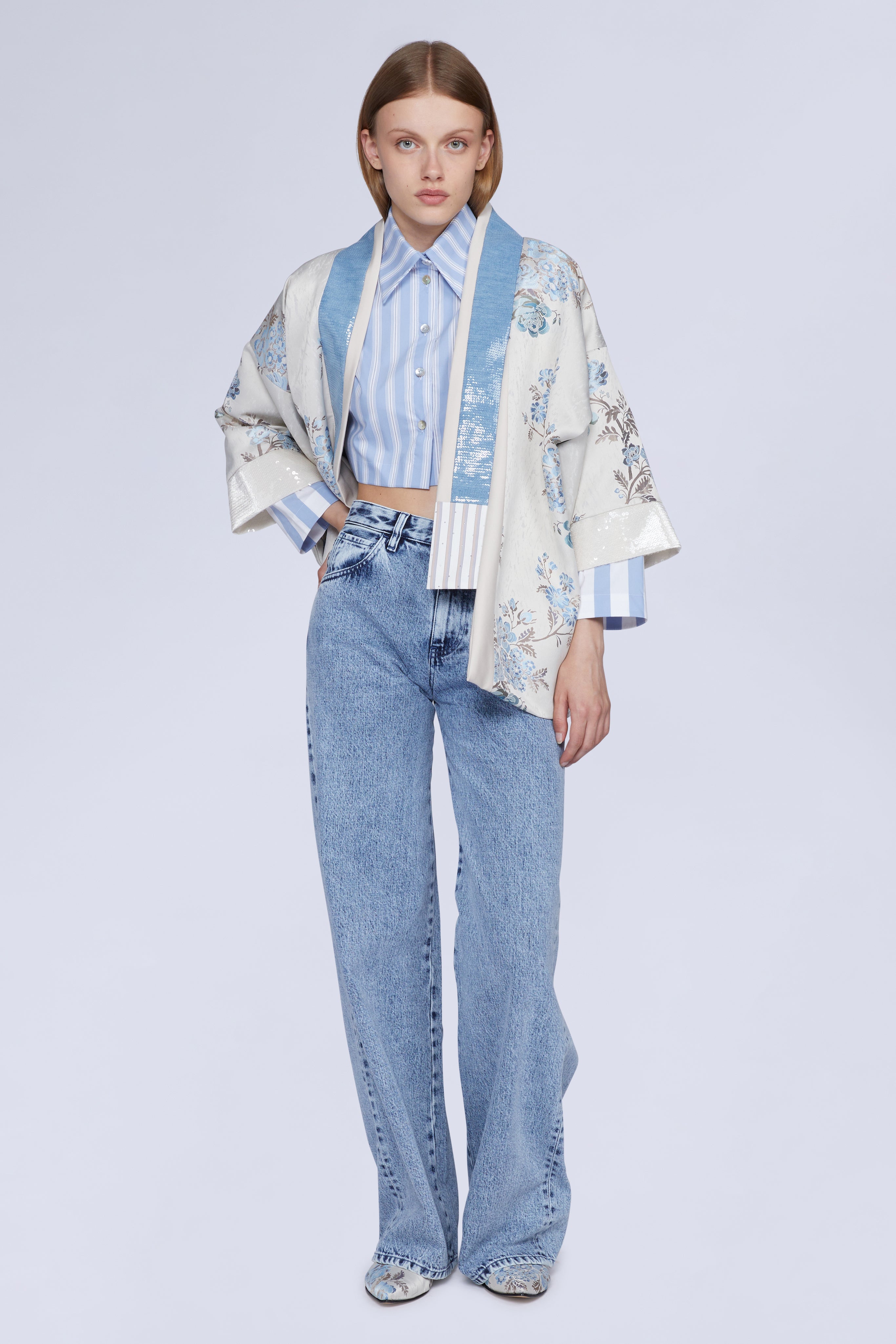 Antonio Marras Relitto I Ivory baby blue jacket kimono floral motfif ...