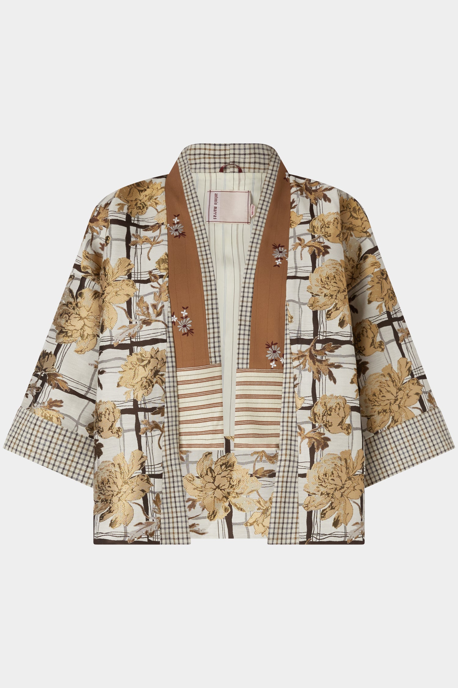 Short Kimono In Floral Brocade And Microcheck