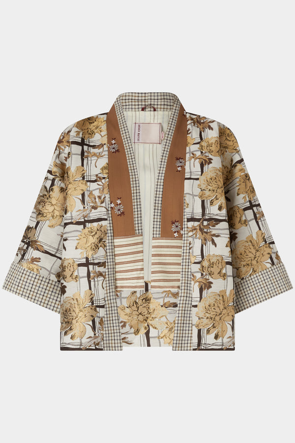 Short Kimono In Floral Brocade And Microcheck