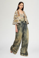 Short Kimono In Floral Brocade And Microcheck