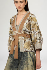 Short Kimono In Floral Brocade And Microcheck