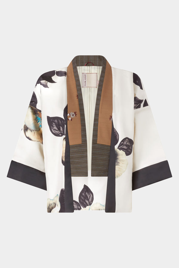 Short Kimono In Silk Twill And Pinstripe