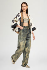 Short Kimono In Silk Twill And Pinstripe