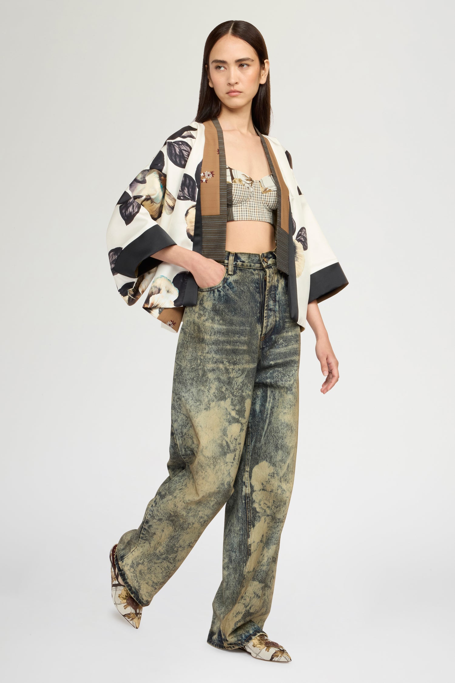 Short Kimono In Silk Twill And Pinstripe