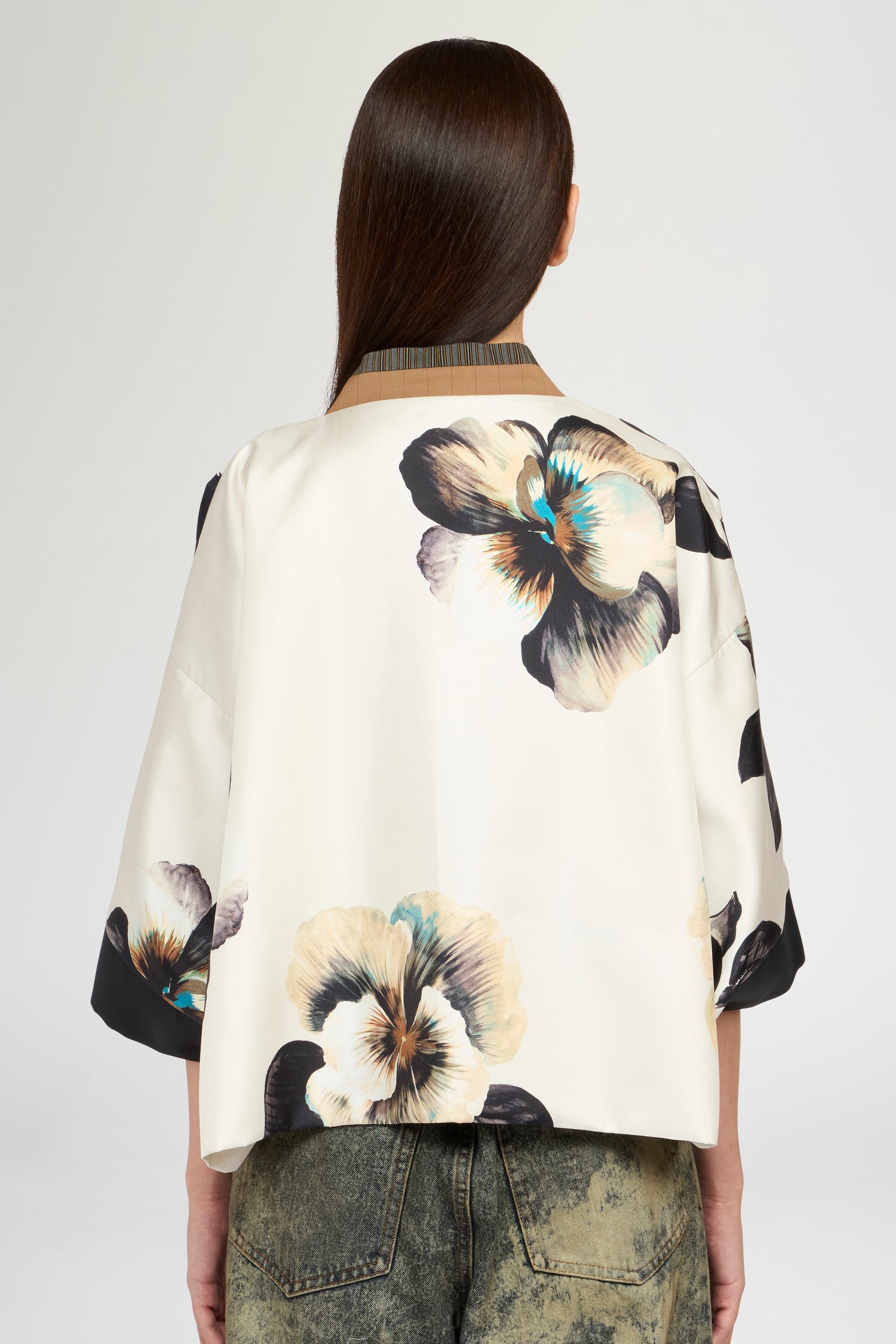 Short Kimono In Silk Twill And Pinstripe