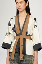 Short Kimono In Silk Twill And Pinstripe