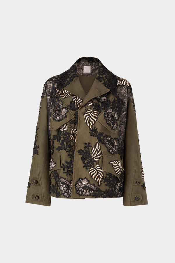 Parka con Ricamo Floreale Nero e Oro