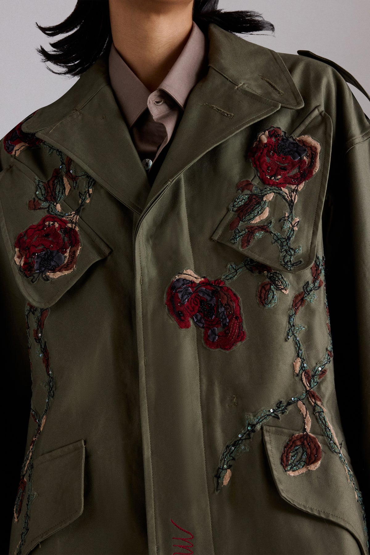Rose Embroidered Cotton Parka