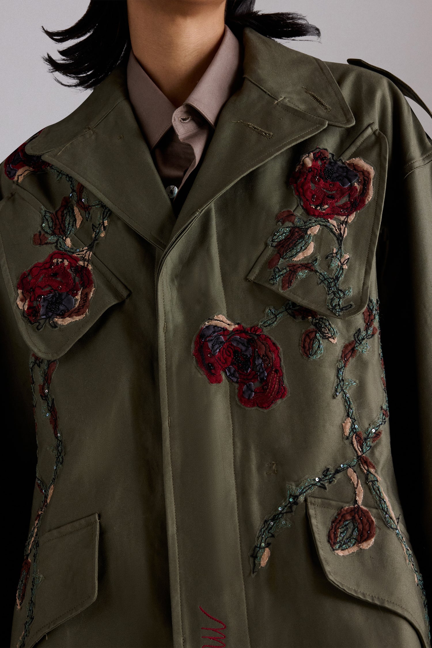 Rose Embroidered Cotton Parka