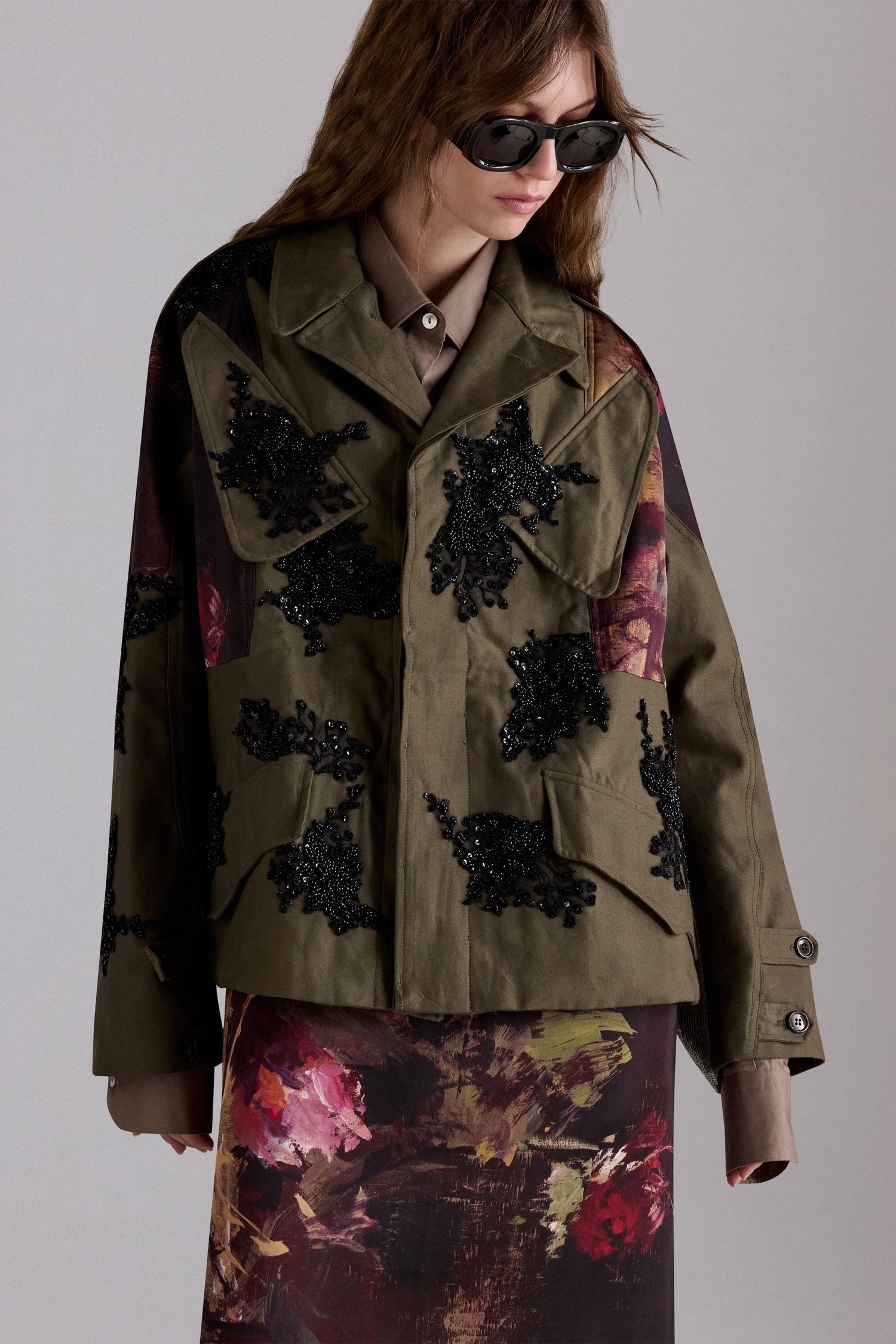 Parka con Ricamo Floreale con Dettagli in Perline
