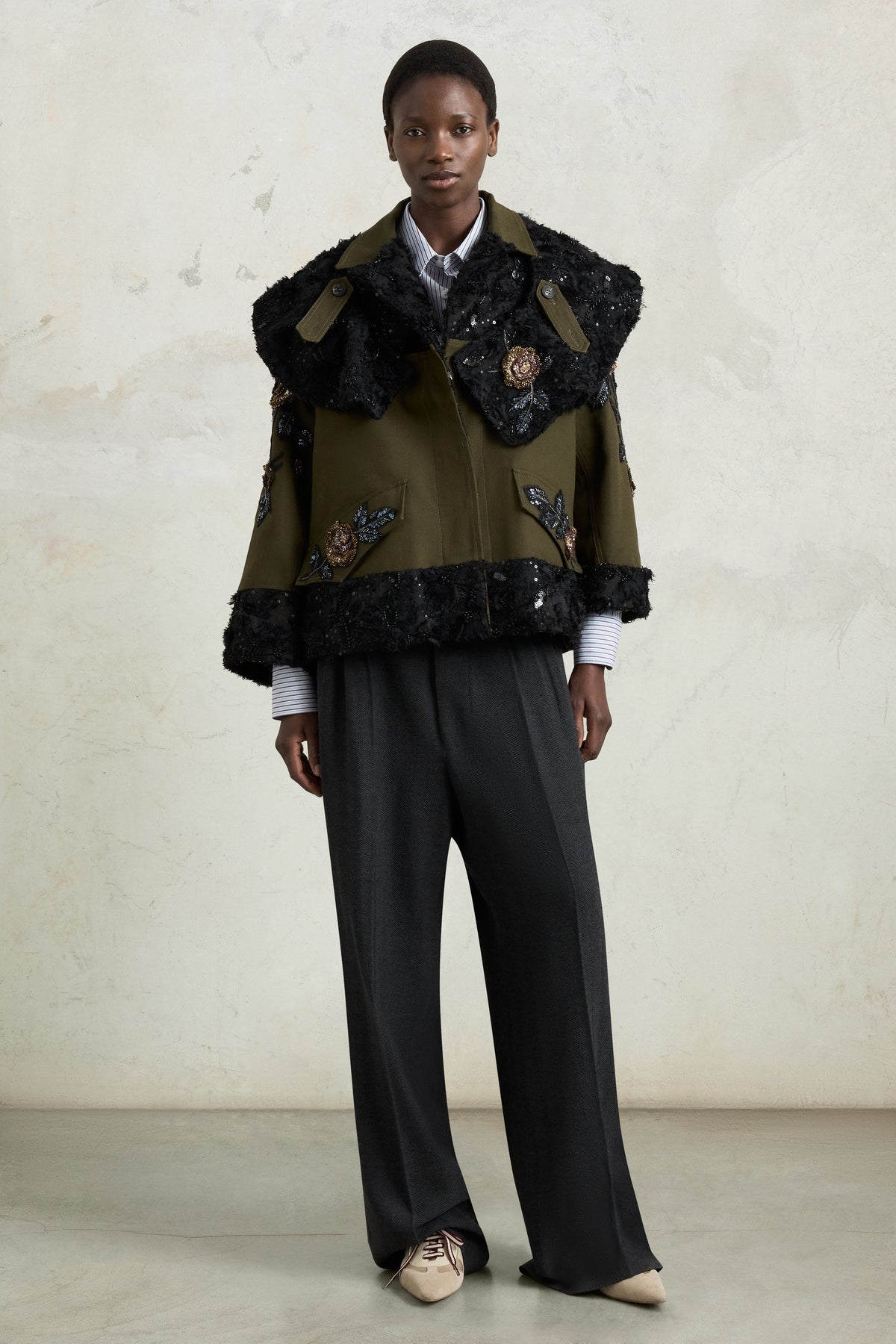 Parka with Embroidered Rose Cape