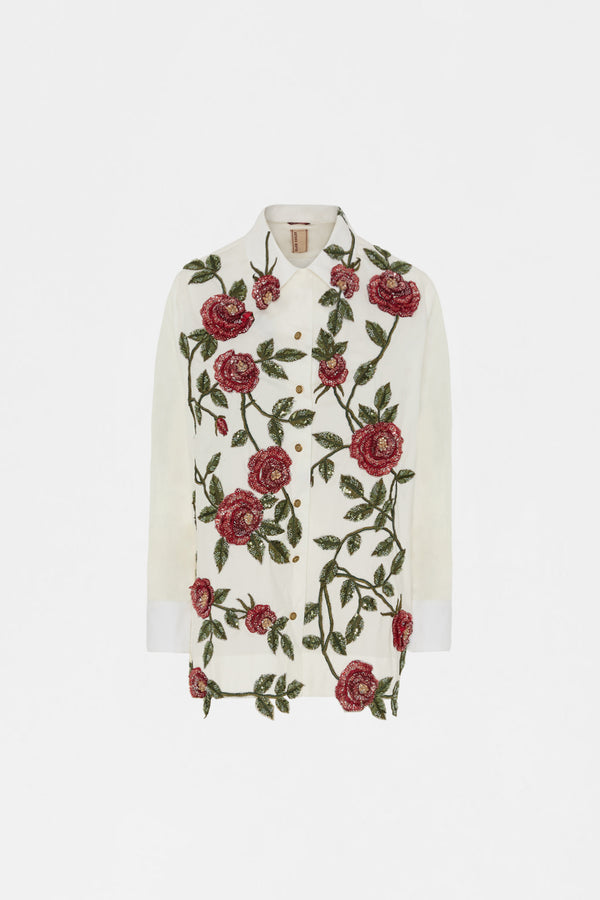 White Floral Embroidered Robespierre Shirt