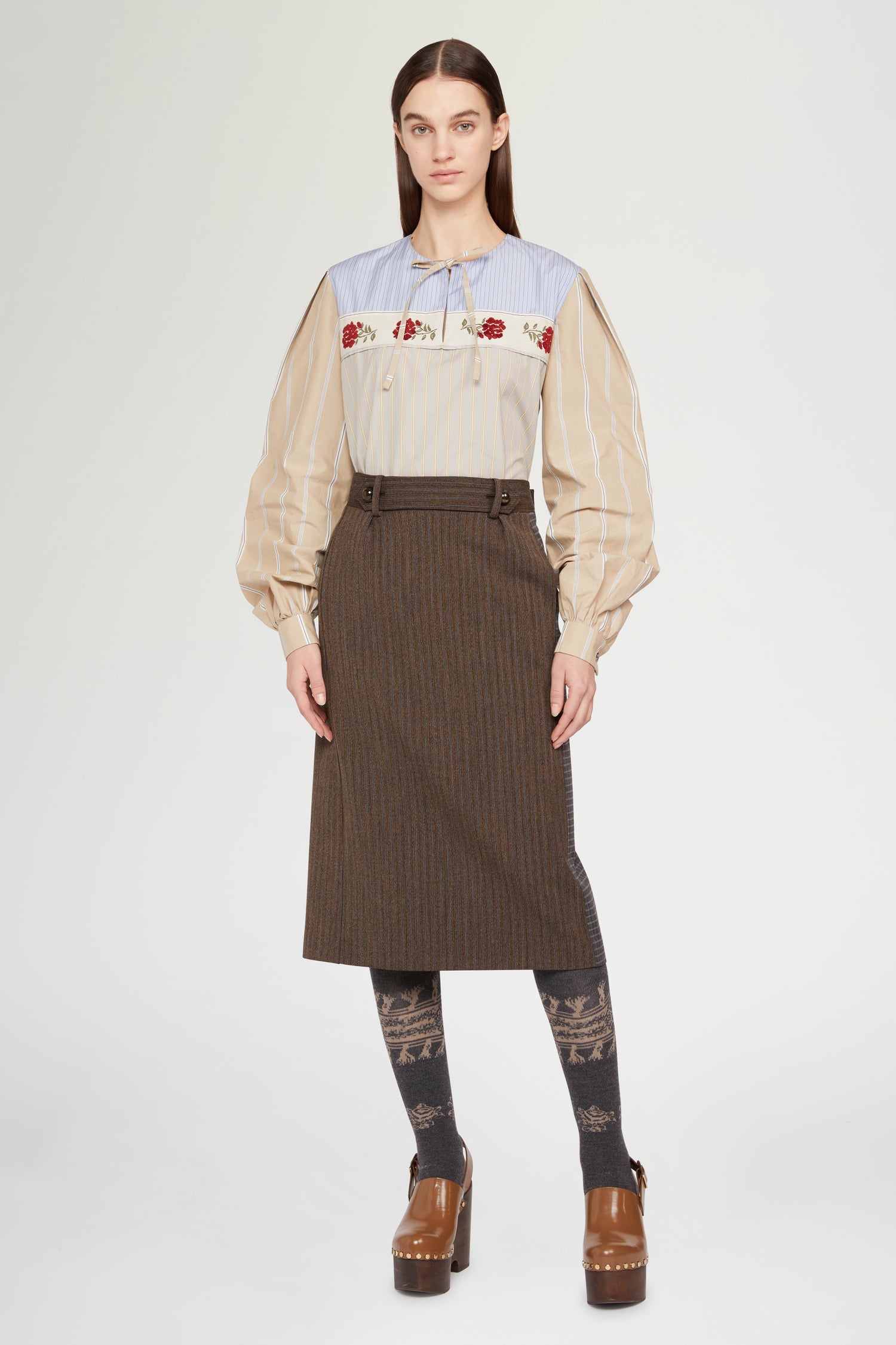 Blusa in cotone con Righe e Jacquard Floreale
