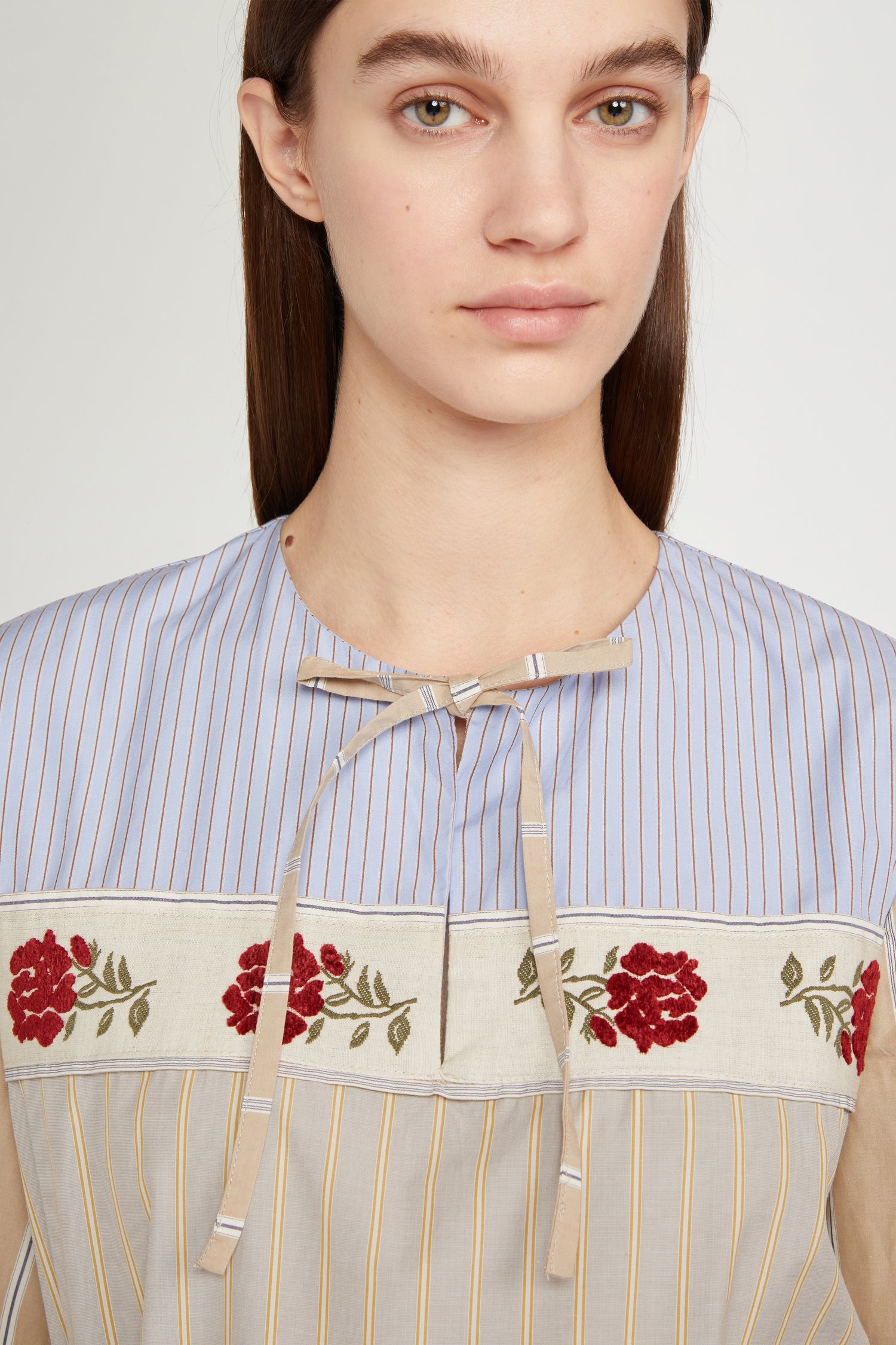 Blusa in cotone con Righe e Jacquard Floreale