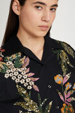 Camicia Nera in Cotone con Ricamo Floreale
