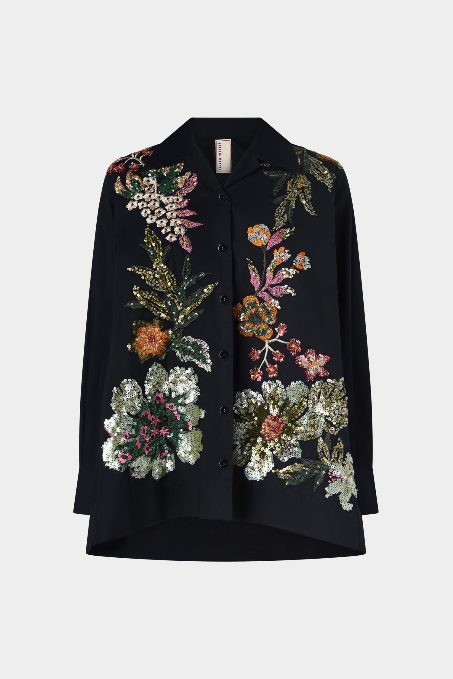 Camicia Nera in Cotone con Ricamo Floreale